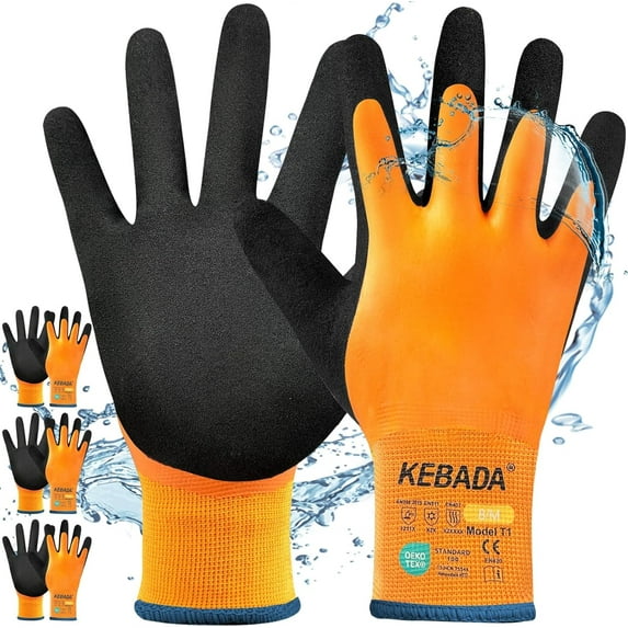 3 Pairs Kebada T1 Waterproof Insulated Work Gloves for Men and Women, Cold Weather High Visibility, X-Large, Orange