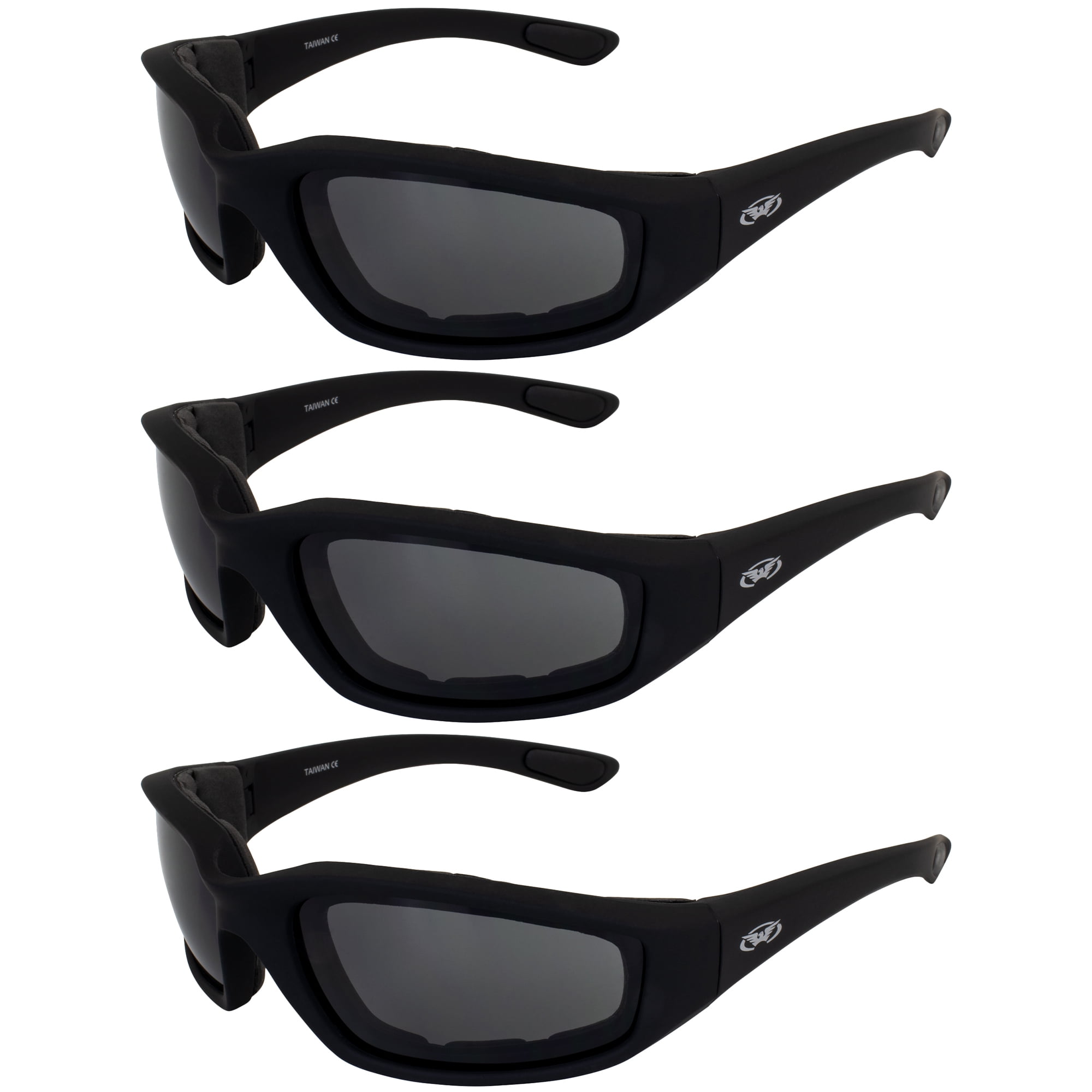 3 Pairs Kickback Foam Padded Motorcycle Sunglasses Smoke