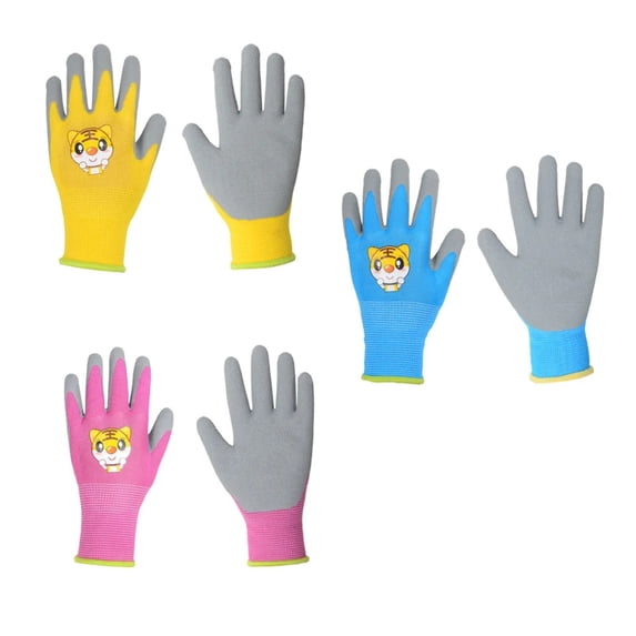 3 Pairs Kids Gardening Gloves, Rubber Coated Work Gloves for Children, Blue and Yellow Protective Gloves for Yard Work, Planting, and Outdoor Chores