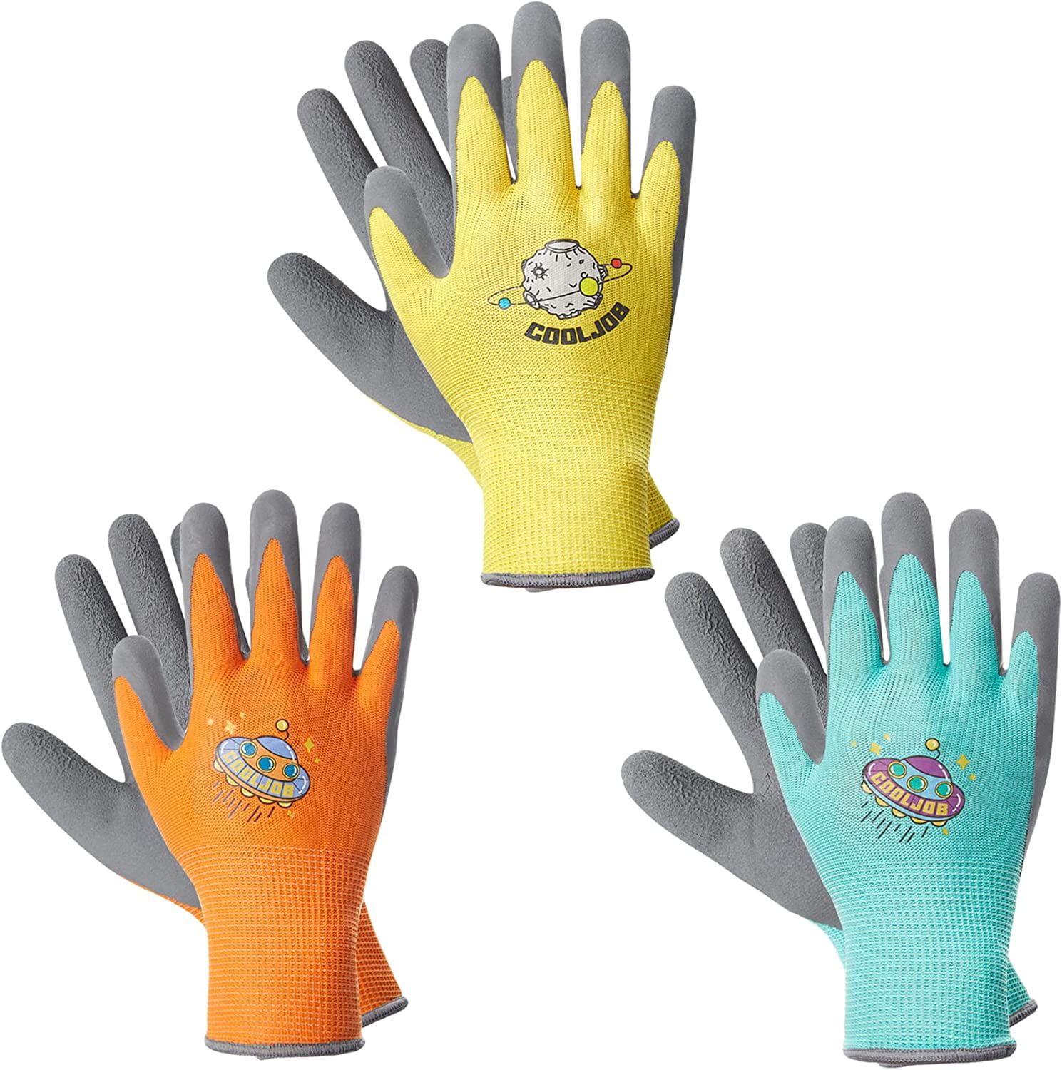 3 Pairs Kids Gardening Gloves for Age 3-5, Children Grippy Rubber Coated Garden Work Gloves, Orange & Green & Yellow, Small Size (3 Pairs S)