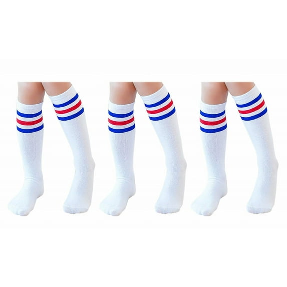 3 Pairs Kids Toddler Soccer Socks Knee High Tube Socks Three Stripes Cotton Cute Sport Stocking for Boys Girls