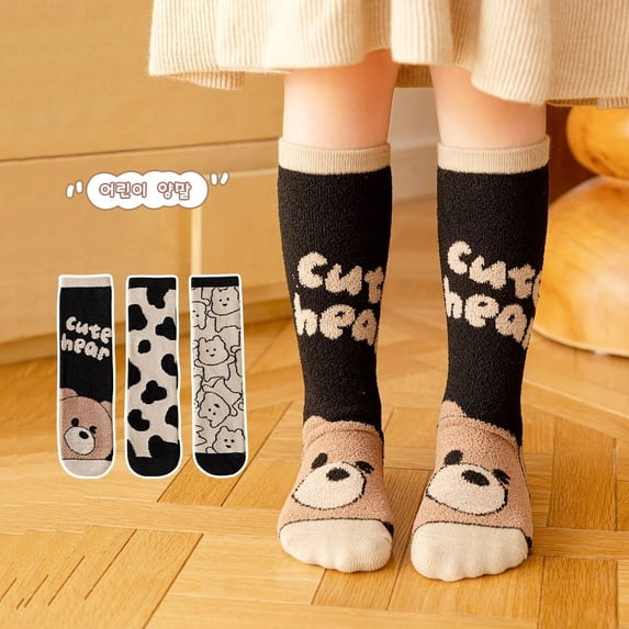 3 Pairs Kids Wool Cotton Socks, Toddlers Boys Girls Warm Cute Animal Pattern Cartoon Novelty Fashion Soft Cotton Long Socks