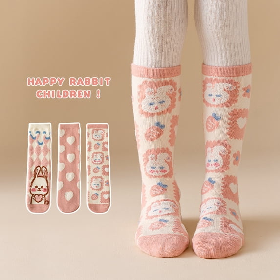 3 Pairs Kids Wool Cotton Socks, Toddlers Boys Girls Warm Cute Animal Pattern Cartoon Novelty Fashion Soft Cotton Long Socks