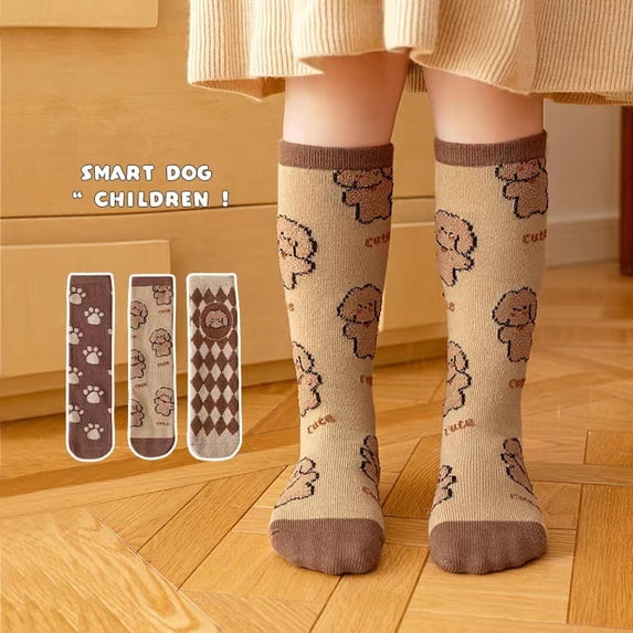 3 Pairs Kids Wool Cotton Socks, Toddlers Boys Girls Warm Cute Animal Pattern Cartoon Novelty Fashion Soft Cotton Long Socks