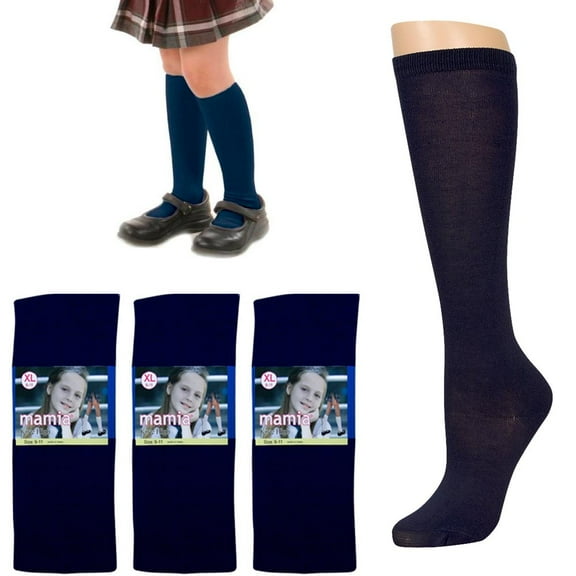 3 Pairs Knee High Uniform School Girl Soccer Socks Womens Navy Blue Size 6-8