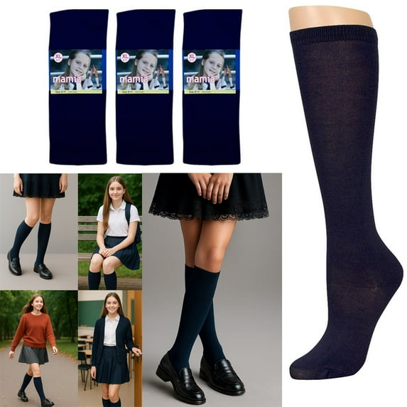 3 Pairs Knee High Uniform School Girl Soccer Socks Womens Navy Blue Size 9-11