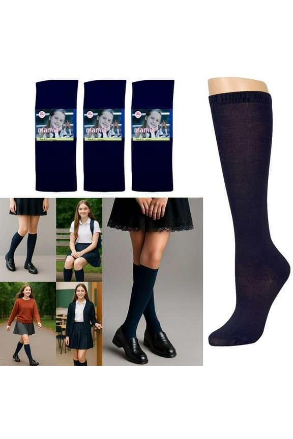 3 Pairs Knee High Uniform School Girl Soccer Socks Womens Navy Blue Size 9-11