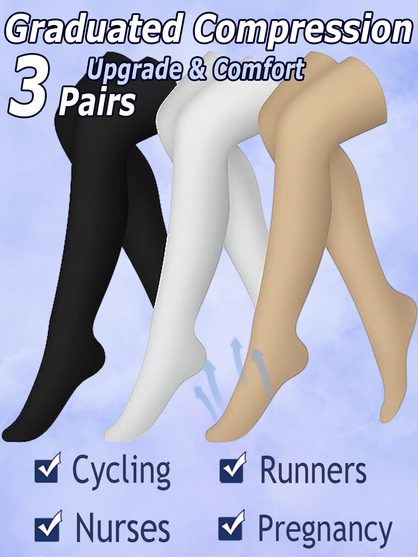 3 Pairs Knee Thigh High Compression Stockings Over the Knee for Women
