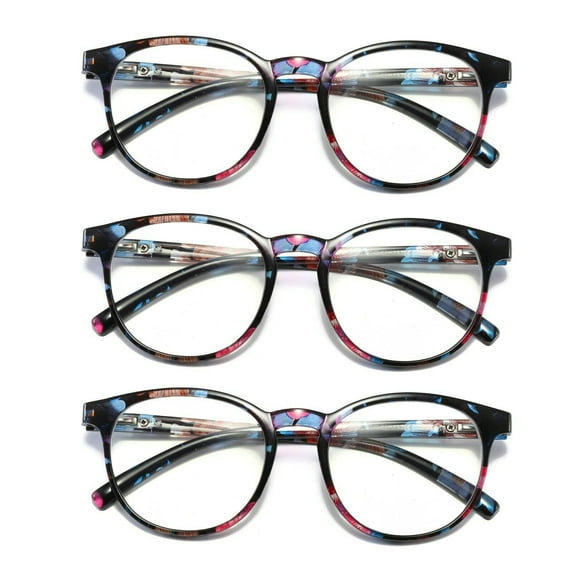 3 Pairs Ladies Womens Round Big Frame Blue Light Blocking Reading Glasses Spring Hinge Readers +1.00