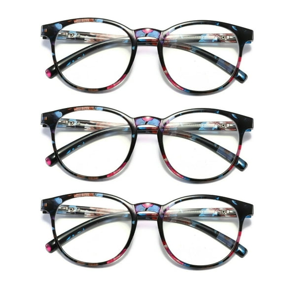 3 Pairs Ladies Womens Round Big Frame Blue Light Blocking Reading Glasses Spring Hinge Readers +2.75