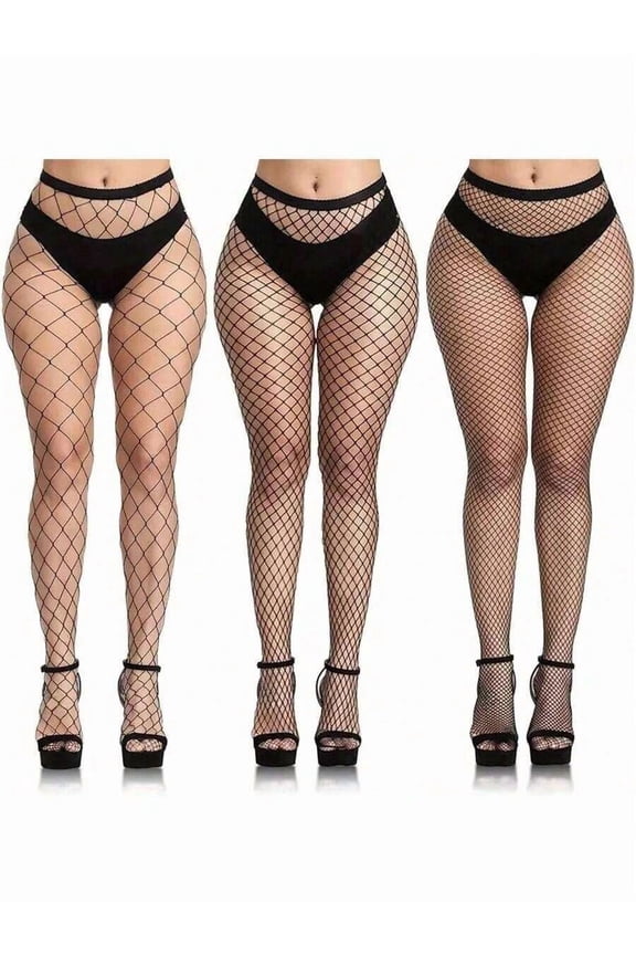 3 Pairs Large Size Transparent Fishnet Tights - Black Hollow High Waist Mesh Pantyhose for Women, One-Size Elastic Stockings