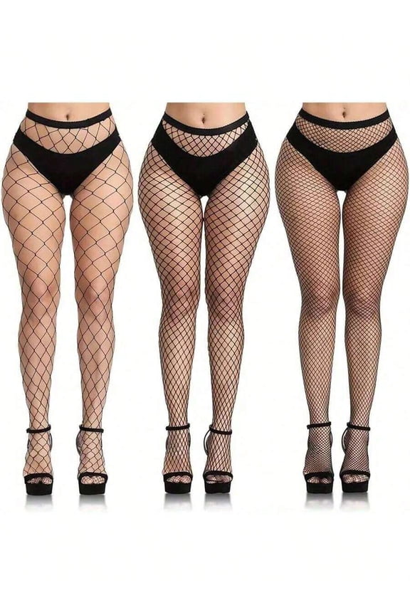 3 Pairs Large Size Transparent Fishnet Tights - Black Hollow High Waist Mesh Pantyhose for Women, One-Size Elastic Stockings