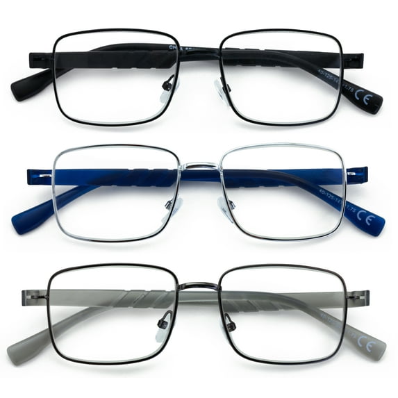 3 Pairs Lightweight Men Metal Reading Glasses TR90 Temple - Square Fashion Modern Reader +4.00