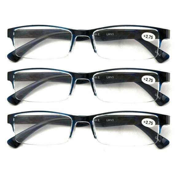 3 Pairs Lightweight Rectangular Unisex Readers with Spring Hinge - Clear Blue Black Reading Glasses - Spring Hinge 1.00