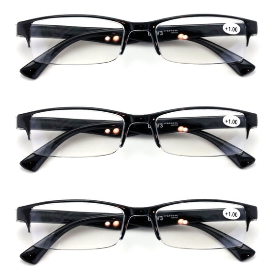 3 Pairs Lightweight Rectangular Unisex Readers with Spring Hinge - Clear Blue Black Reading Glasses - Spring Hinge 2.00