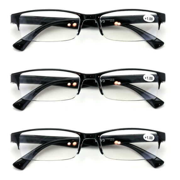 3 Pairs Lightweight Rectangular Unisex Readers with Spring Hinge - Clear Blue Black Reading Glasses - Spring Hinge 2.25