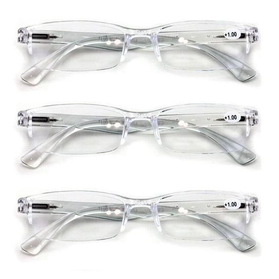 3 Pairs Lightweight Rectangular Unisex Readers with Spring Hinge - Clear Blue Black Reading Glasses - Spring Hinge 2.50