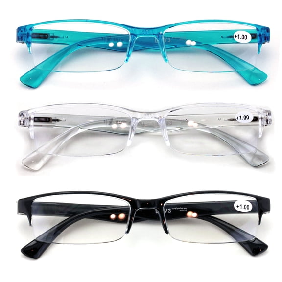 3 Pairs Lightweight Rectangular Unisex Readers with Spring Hinge - Clear Blue Black Reading Glasses - Spring Hinge 2.75