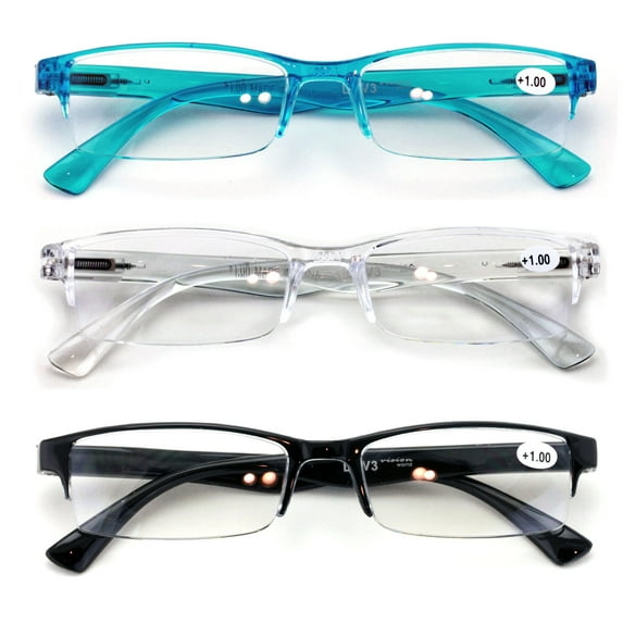3 Pairs Lightweight Rectangular Unisex Readers with Spring Hinge - Clear Blue Black Reading Glasses - Spring Hinge 3.50