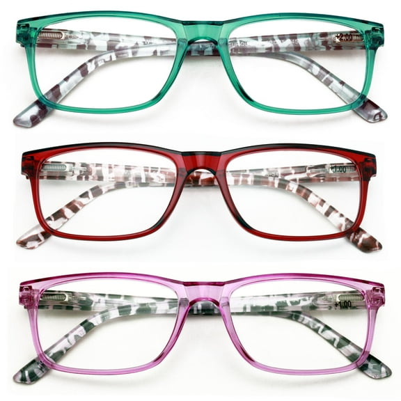 3 Pairs Lightweight Spring Hinge Tile Design Rectangular Reading Glasses - Clear Lens Reader Men Women 7014 +1.75