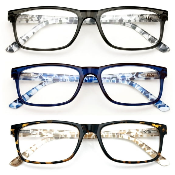 3 Pairs Lightweight Spring Hinge Tile Design Rectangular Reading Glasses - Clear Lens Reader Men Women 7014 +2.00