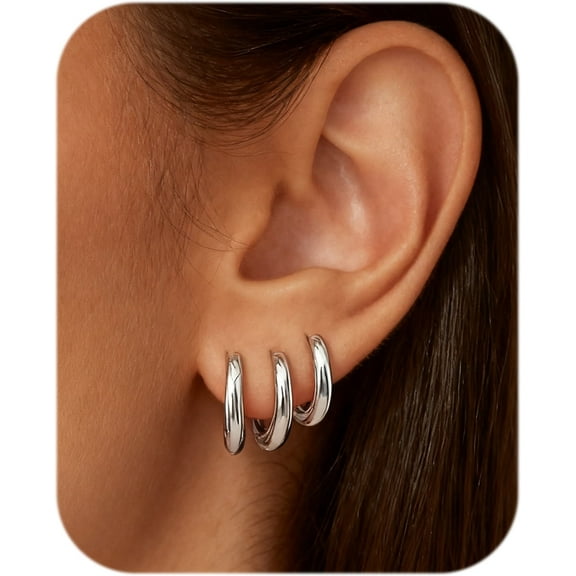 3 Pairs Lightweight Tiny Huggie Hoops for Women, Small Sterling Silver Hoop Earrings Set, Hypoallergenic Silver Mini Cartilage Earrings Pack for Ear Piercing, 3pcs 6mm