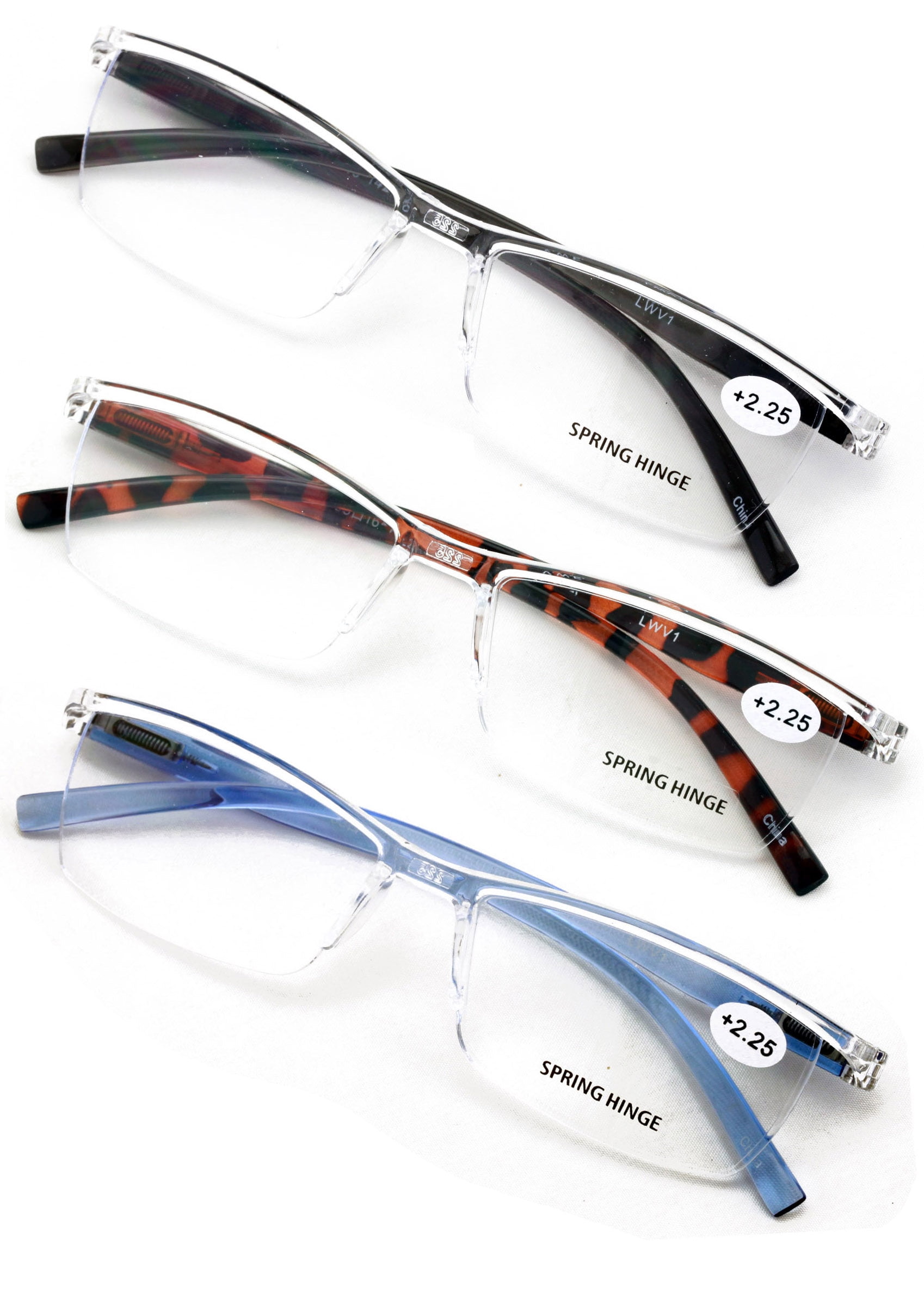 3 Pairs Lightweight Transparent Clear Lens Rectangular Readers with Spring Hinge - Men Women Reading Glasses +1.50