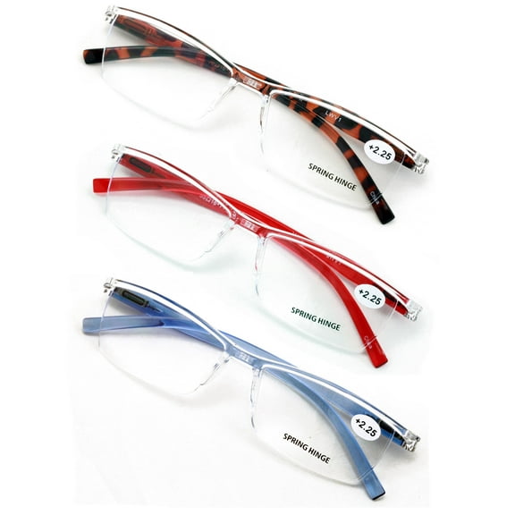 3 Pairs Lightweight Transparent Clear Lens Rectangular Readers with Spring Hinge - Men Women Reading Glasses +2.25