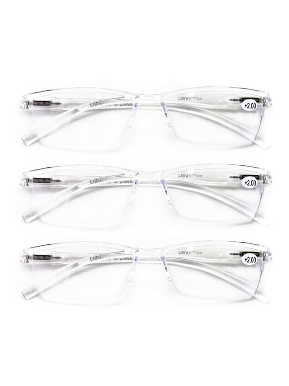 3 Pairs Lightweight Transparent Clear Lens Rectangular Readers with Spring Hinge - Men Women Reading Glasses +2.50
