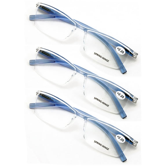 3 Pairs Lightweight Transparent Clear Lens Rectangular Readers with Spring Hinge - Men Women Reading Glasses +2.50