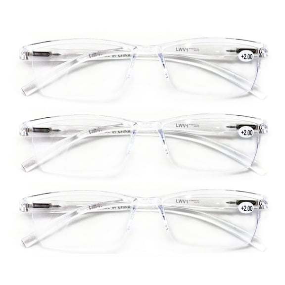 3 Pairs Lightweight Transparent Clear Lens Rectangular Readers with Spring Hinge - Men Women Reading Glasses +3.25