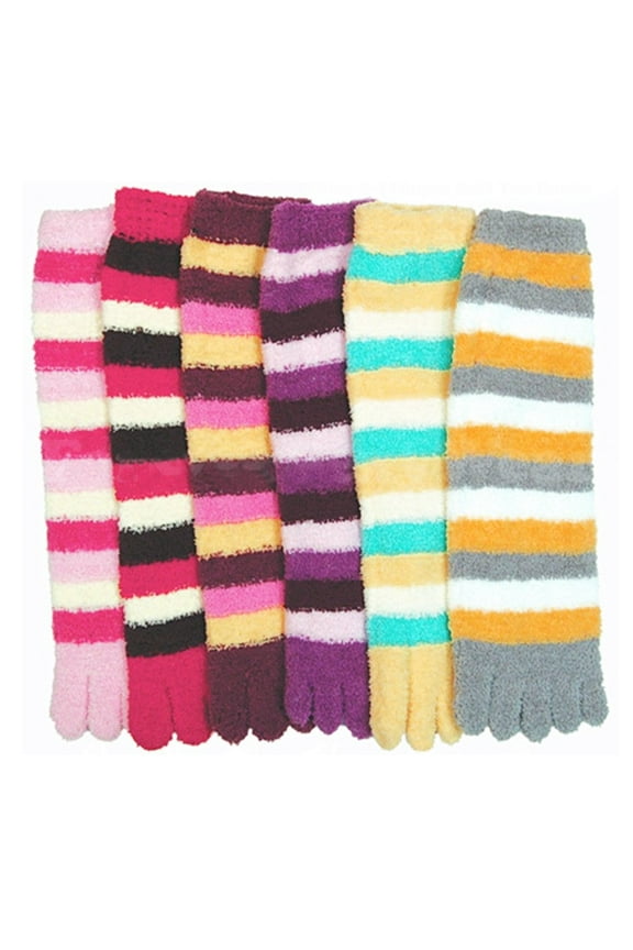 3 Pairs Lot Fuzzy Toe Socks Soft Striped Womens Thong Flip Flop Wholesale 9-11