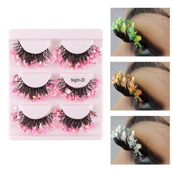 3 Pairs Luminous False Eyelashes Long Dramatic Glitter Eyelashes Makeup Colorful Pink