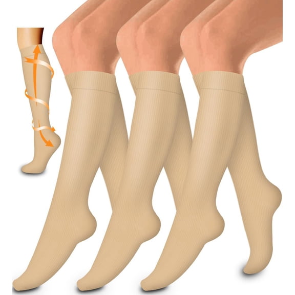 3 Pairs M Beige Compression stockings Knee-length socks Easy-on/Easy-off Technology Crew Black Socks Compression Socks for Women Men