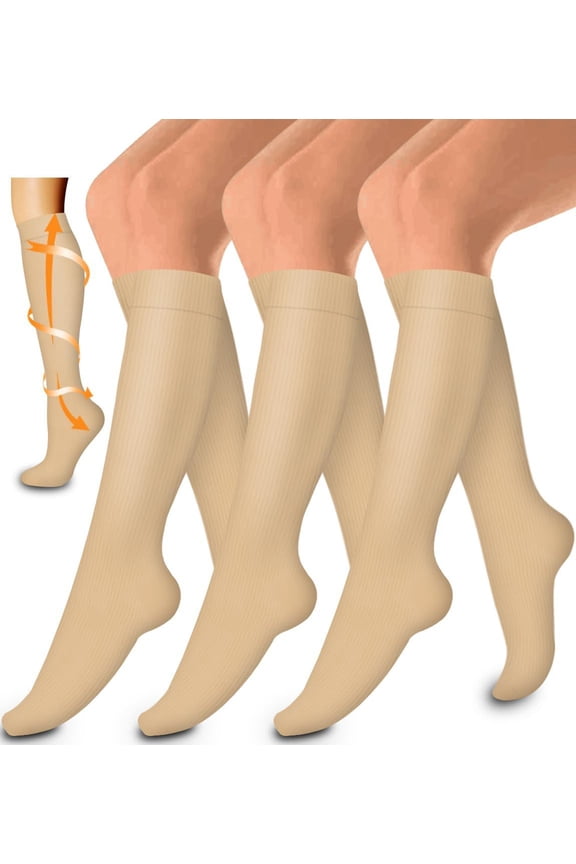 3 Pairs M Beige Compression stockings Knee-length socks Easy-on/Easy-off Technology Crew Black Socks Compression Socks for Women Men