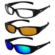 3 Pairs of MF Eyewear Bad Attitude Motorcycle Glasses Shatterproof Polycarbonate Black Frame UV400 Filter, Scratch-Resistant Motorcycle Riding Glasses Clear, Orange & Green Mirror Lenses
