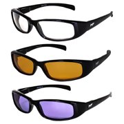3 Pairs of MF Eyewear Bad Attitude Motorcycle Glasses Shatterproof Polycarbonate Black Frame UV400 Filter, Scratch-Resistant Motorcycle Riding Glasses Clear, Orange & Purple Lenses