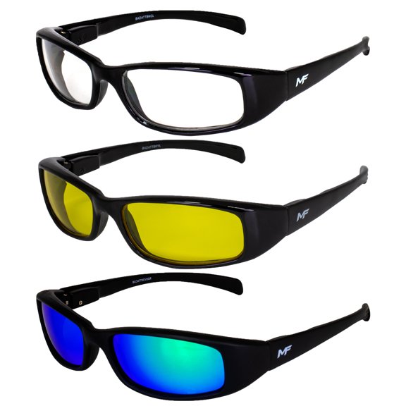 3 Pairs of MF Eyewear Bad Attitude Motorcycle Glasses Shatterproof Polycarbonate Black Frame UV400 Filter, Scratch-Resistant Motorcycle Riding Glasses Clear, Yellow & Green Mirror Lenses