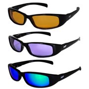 3 Pairs of MF Eyewear Bad Attitude Motorcycle Glasses Shatterproof Polycarbonate Black Frame UV400 Filter, Scratch-Resistant Motorcycle Riding Glasses Orange, Purple & Green Mirror Lenses