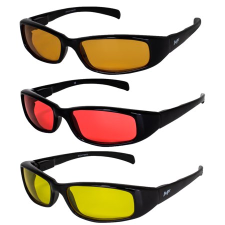 MF Eyewear Bad Attitude Motorcycle Riding Glasses – 3 Pairs – Shatterproof Polycarbonate UV400 Sunglasses – Black Frame with Orange, Red & Yellow Lenses