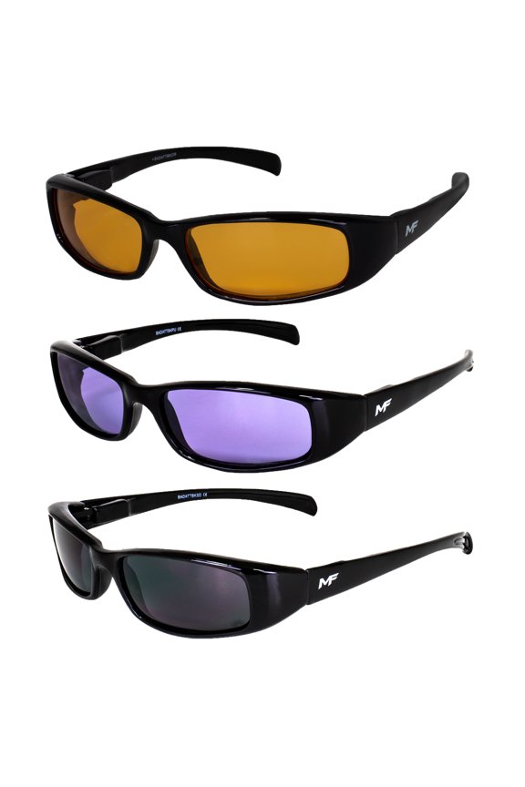 Eyewear Bad Attitude Motorcycle Riding Glasses 3 Pairs Shatterproof Polycarbonate UV400 Sunglasses Black Frame with Orange, Purple & Super Dark Lenses