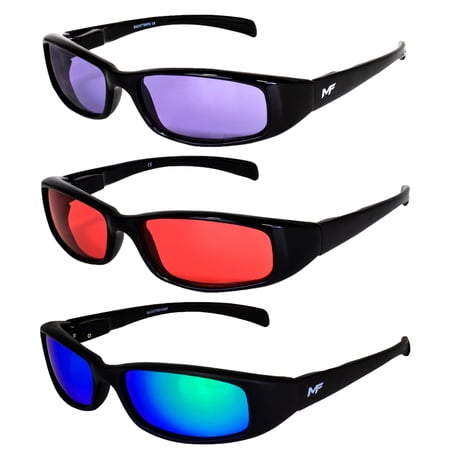 MF Eyewear Bad Attitude Motorcycle Riding Glasses – 3 Pairs – Shatterproof Polycarbonate UV400 Sunglasses – Black Frame with Purple, Red & Green Mirror Lenses