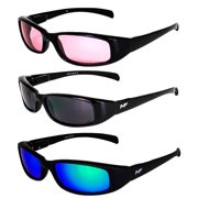 3 Pairs of MF Eyewear Bad Attitude Motorcycle Glasses Shatterproof Polycarbonate Black Frame UV400 Filter, Scratch-Resistant Motorcycle Riding Glasses Rose, Super Dark & Green Mirror Lenses