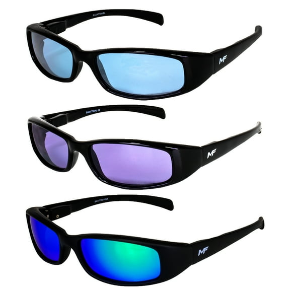 3 Pairs of MF Eyewear Bad Attitude Motorcycle Glasses Shatterproof Polycarbonate Black Frame UV400 Filter, Scratch-Resistant Motorcycle Riding Glasses Blue, Purple & Green Mirror Lenses