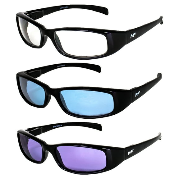 3 Pairs of MF Eyewear Bad Attitude Motorcycle Glasses Shatterproof Polycarbonate Black Frame UV400 Filter Scratch-Resistant Motorcycle Riding Glasses Clear Blue & Purple Lenses