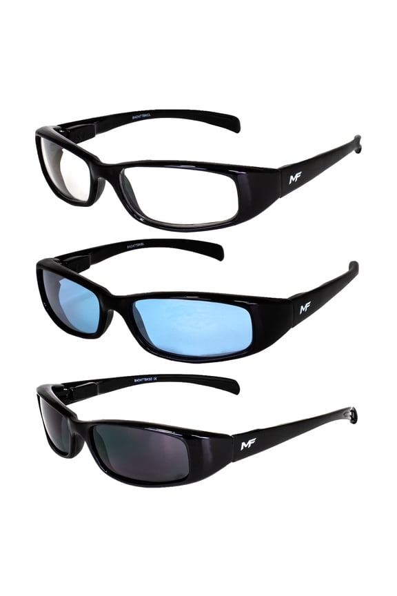 3 Pairs of MF Eyewear Bad Attitude Motorcycle Glasses Shatterproof Polycarbonate Black Frame UV400 Filter, Scratch-Resistant Motorcycle Riding Glasses Clear, Blue & Super Dark Lenses