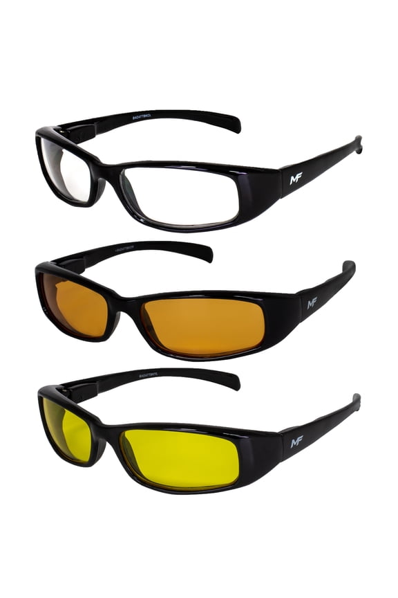 3 Pairs of MF Eyewear Bad Attitude Motorcycle Glasses Shatterproof Polycarbonate Black Frame UV400 Filter, Scratch-Resistant Motorcycle Riding Glasses Clear, Orange & Yellow Lenses