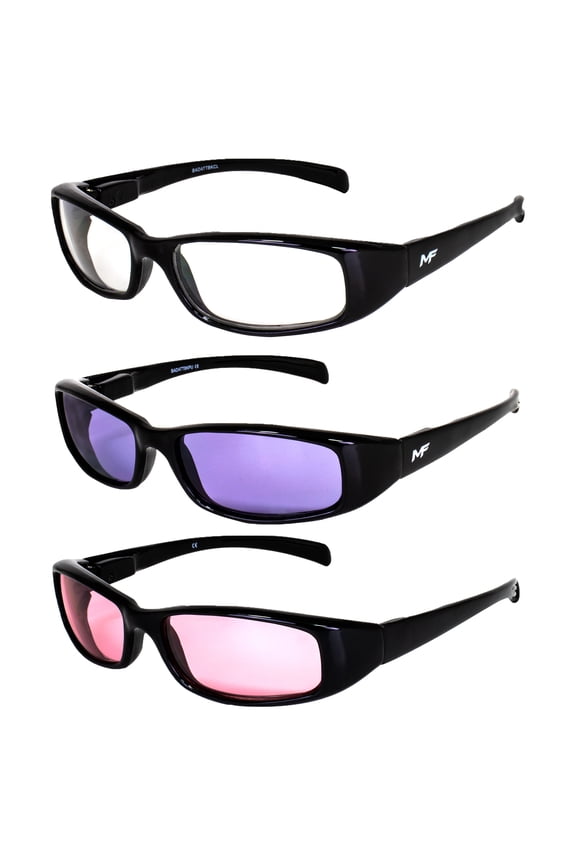 3 Pairs of MF Eyewear Bad Attitude Motorcycle Glasses Shatterproof Polycarbonate Black Frame UV400 Filter, Scratch-Resistant Motorcycle Riding Glasses Clear, Purple & Rose Lenses