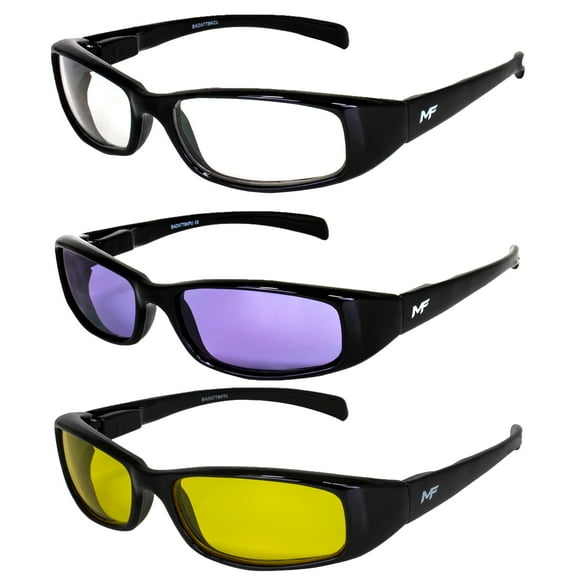 3 Pairs of MF Eyewear Bad Attitude Motorcycle Glasses Shatterproof Polycarbonate Black Frame UV400 Filter, Scratch-Resistant Motorcycle Riding Glasses Clear, Purple & Yellow Lenses