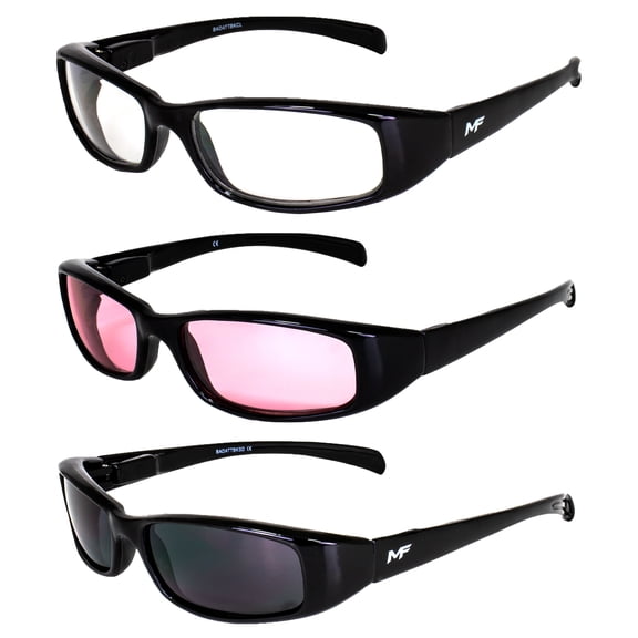 3 Pairs of MF Eyewear Bad Attitude Motorcycle Glasses Shatterproof Polycarbonate Black Frame UV400 Filter, Scratch-Resistant Motorcycle Riding Glasses Clear, Rose & Super Dark Lenses